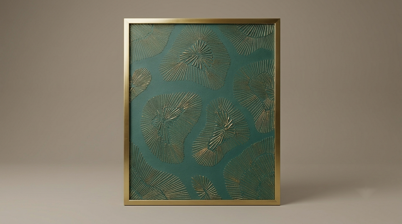 Botanical Gold, the complete green and gold textured painting in its frame, photographed against a warm neutral studio background