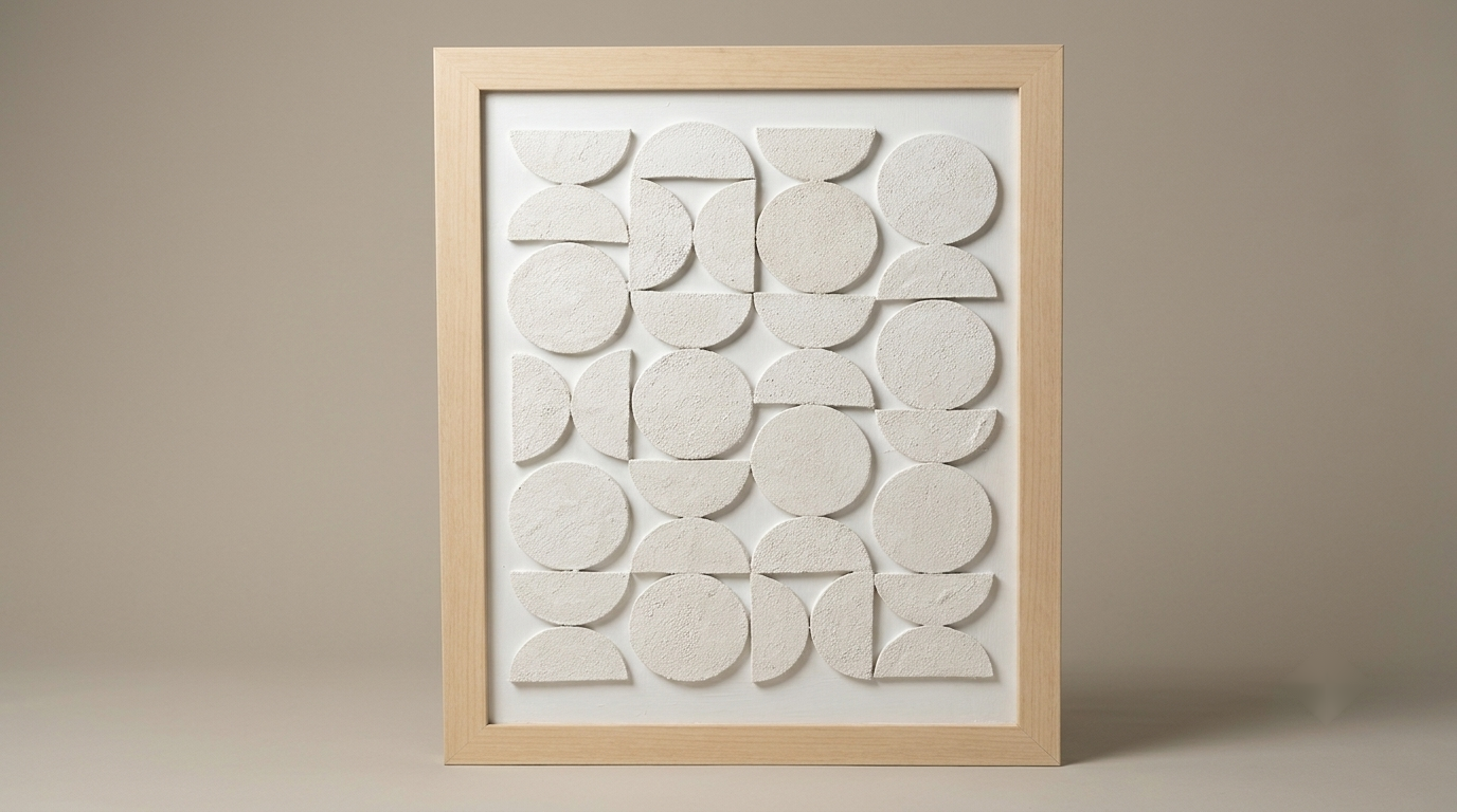Geometric Relief, a white painting with sculpted geometric forms